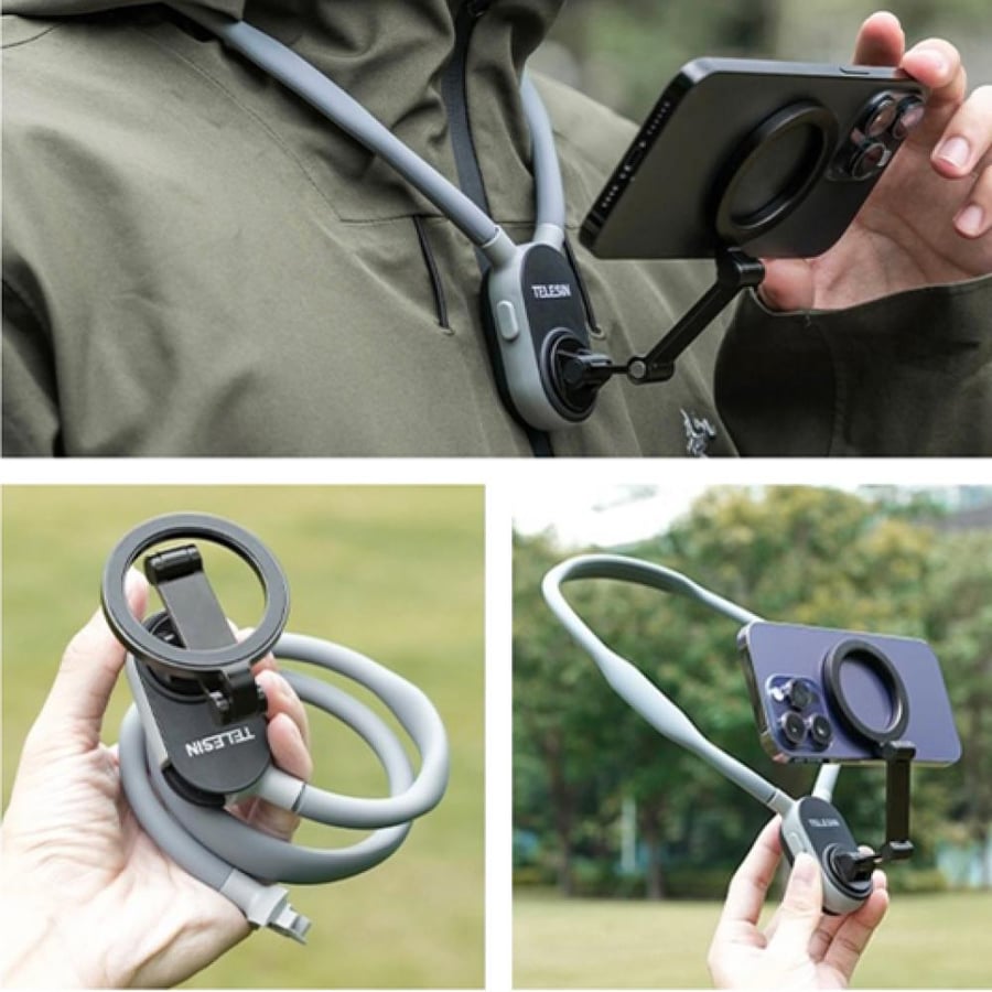 telesin smartphone magnetic neck holder max Cell Phone Holder Around Neck POV Vlog Selfie Mount Hand Free Phones Neck Holder Video Recording Chest Stand for iPhone 15 14 13 12 16  Pro Max Plus (Grey)
