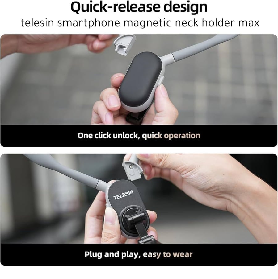 telesin smartphone magnetic neck holder max Cell Phone Holder Around Neck POV Vlog Selfie Mount Hand Free Phones Neck Holder Video Recording Chest Stand for iPhone 15 14 13 12 16  Pro Max Plus (Grey)