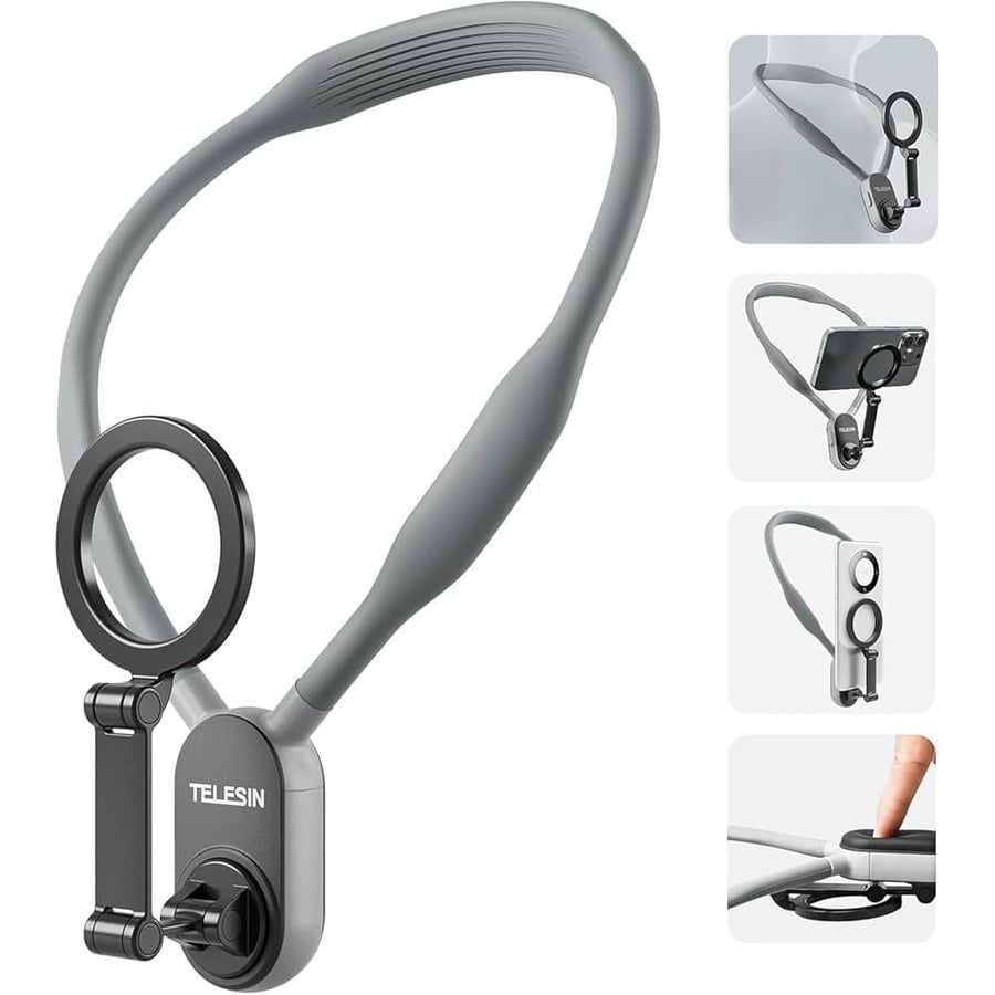 telesin smartphone magnetic neck holder max Cell Phone Holder Around Neck POV Vlog Selfie Mount Hand Free Phones Neck Holder Video Recording Chest Stand for iPhone 15 14 13 12 16  Pro Max Plus (Grey)