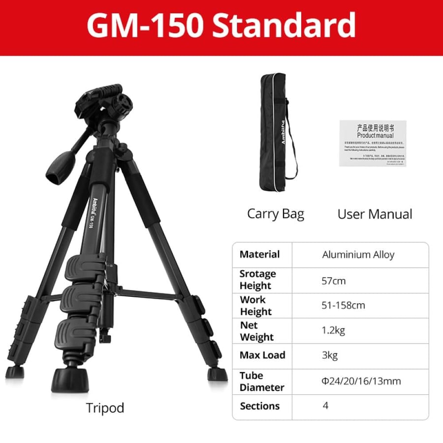 AMBITFUL GM150 Professional Camera Tripod with Bag | Sturdy Tripod for Photography, Video & Horizontal Shooting