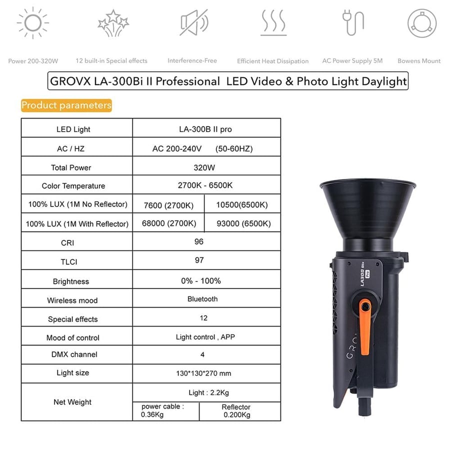 Grovx LA300 Bi-Color LED Video Light | High CRI | Bowens | App Control