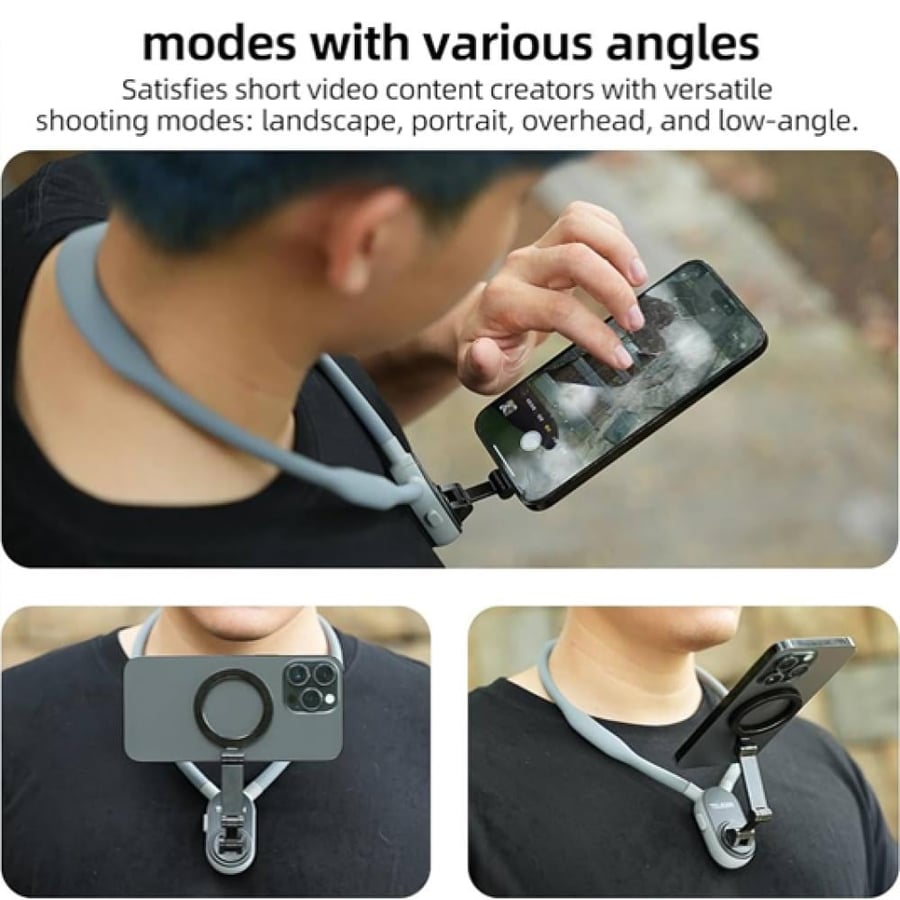 telesin smartphone magnetic neck holder max Cell Phone Holder Around Neck POV Vlog Selfie Mount Hand Free Phones Neck Holder Video Recording Chest Stand for iPhone 15 14 13 12 16  Pro Max Plus (Grey)