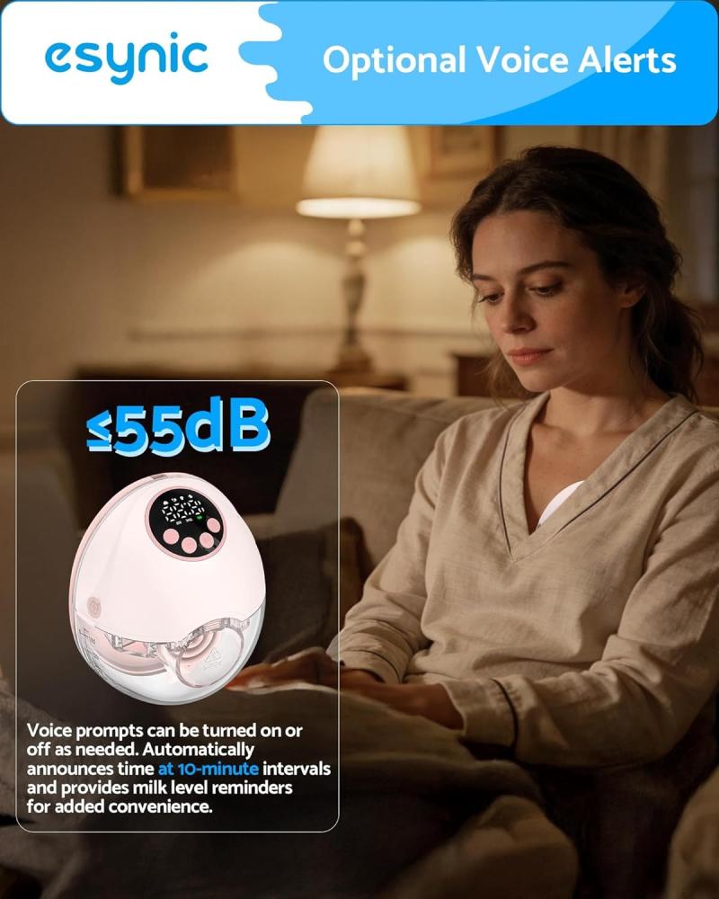 اي سينيك مضخة ثدي كهربائية محمولة بدون استخدام اليدين، بث صوتي وكشف مستوى الحليب، مضادة للرذاذ، 4 اوضاع و12 مستوى مع شاشة LED وحافة 24/21/19 ملم، مضخة حليب كهربائية لاسلكية - بينك