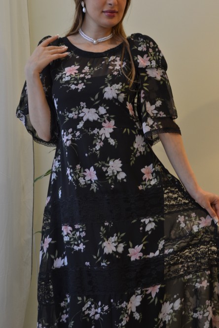 Black chiffon dress with French tulle embroidery