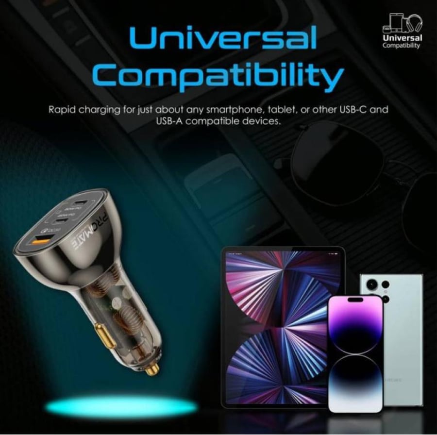 شاحن سيارة فعّال ومدمج بتصميم شفاف يوفر شحن سريع بقوة 80 واط مع منافذ USB-C توفر شحن 30 واط و20 واط للأجهزة اللوحية والهواتف الذكية، بالإضافة إلى منفذ شحن سريع 30 واط - Promate TransDrive-80W 79