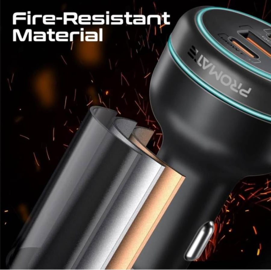 أول محول سيارة فائق السرعة بقدرة 230 واط في العالم مع 140 واط USB-C™ 3.0 ومنافذ توصيل طاقة مزدوجة من النوع C وUSB-A بقدرة 45 واط، والتحكم في درجة الحرارة وحماية الشحن الزائد لأجهزة الكمبيوتر المحمولة والهواتف الذكية. بروميت Promate PowerDrive-230