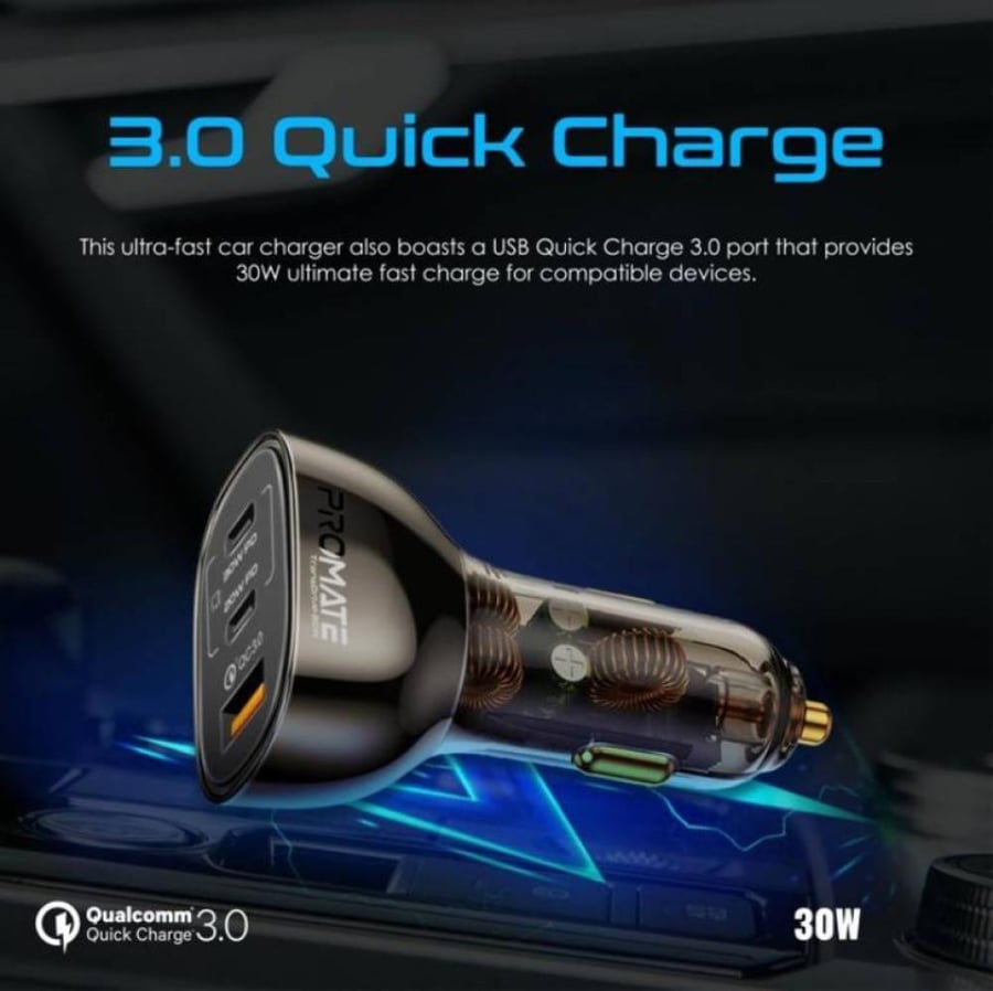 شاحن سيارة فعّال ومدمج بتصميم شفاف يوفر شحن سريع بقوة 80 واط مع منافذ USB-C توفر شحن 30 واط و20 واط للأجهزة اللوحية والهواتف الذكية، بالإضافة إلى منفذ شحن سريع 30 واط - Promate TransDrive-80W 79