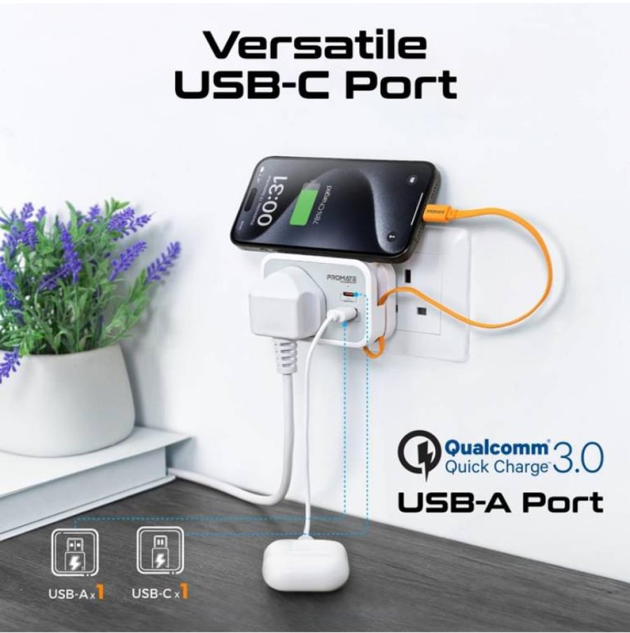 أقوى شاحن مقبس AC متعدد الوظائف مع كابل USB-C مدمج بقدرة 20 واط PD ومنفذ USB-C بقوة 20 واط ومنفذ USB-A بقوة 18 واط يدعم تقنية QC3.0 للشحن السريع