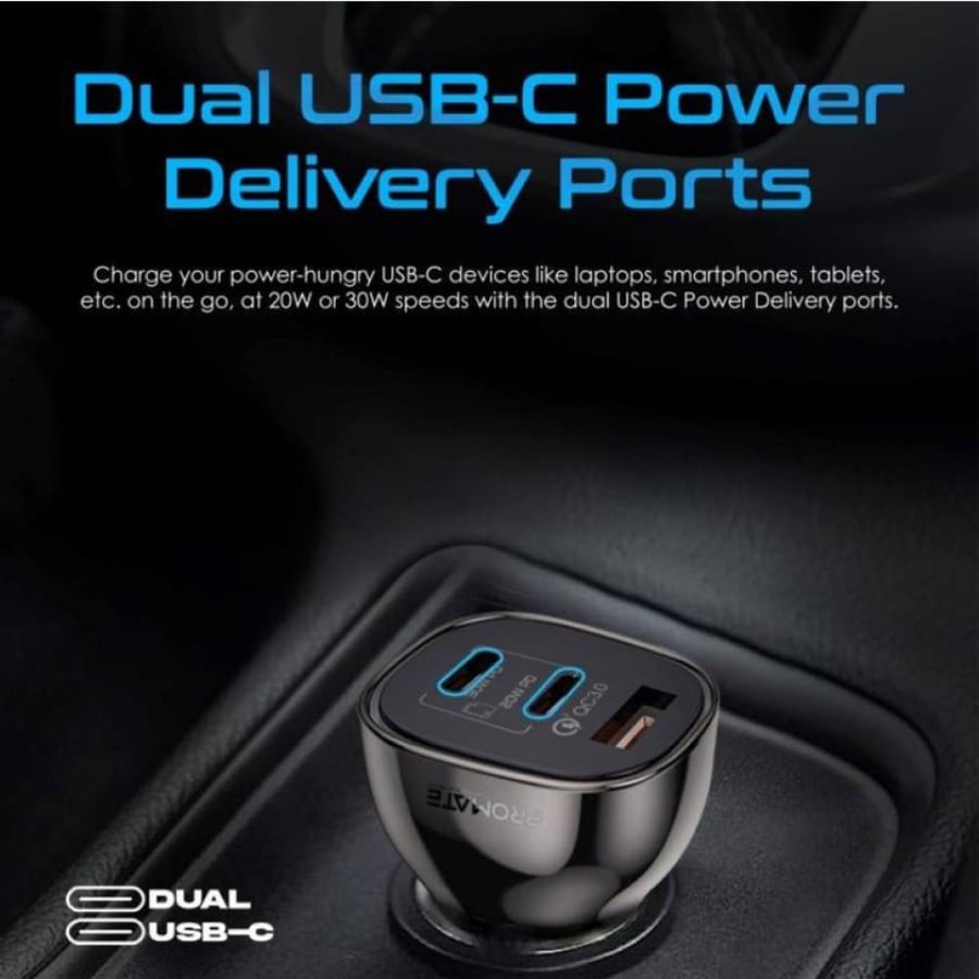 شاحن سيارة فعّال ومدمج بتصميم شفاف يوفر شحن سريع بقوة 80 واط مع منافذ USB-C توفر شحن 30 واط و20 واط للأجهزة اللوحية والهواتف الذكية، بالإضافة إلى منفذ شحن سريع 30 واط - Promate TransDrive-80W 79