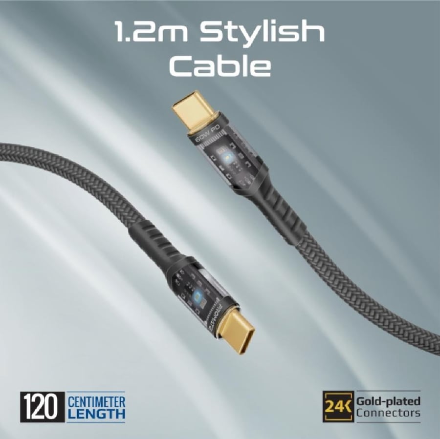 أحدث وأقوى شاحن جداري مزدوج المنفذ بقدرة 25 واط مع كابل USB-C بقدرة 60 واط و منفذ شحن سريع 3.0 مع كابل شفاف بطول 1.2 متر بقدرة 60 واط مع ضوء LED و تنظيم الجهد التلقائي و الشحن الزائد وحماية الدائرة القصيرة - Promate PowerPort-25CC