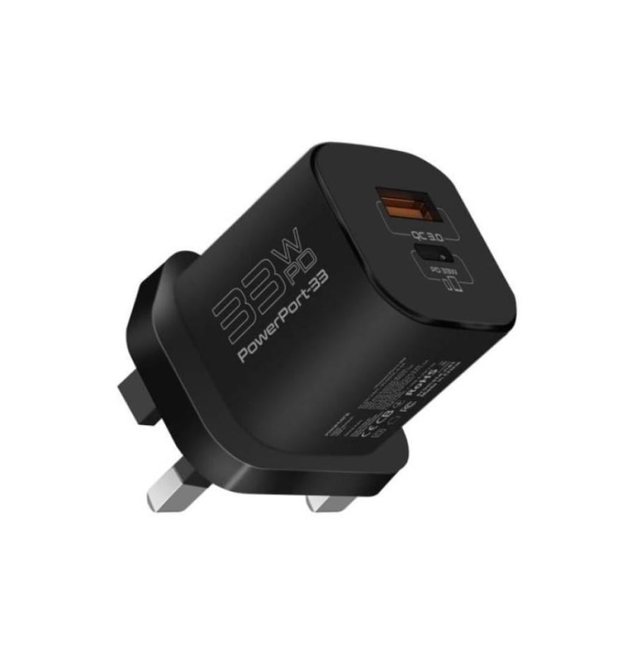 رأس شاحن جداري فائق السرعة صغير الحجم بقدرة 33 واط بتقنية GaNFast، مع منفذ USB-C ومنفذ USB-A. بروميت Promate PowerPort-33