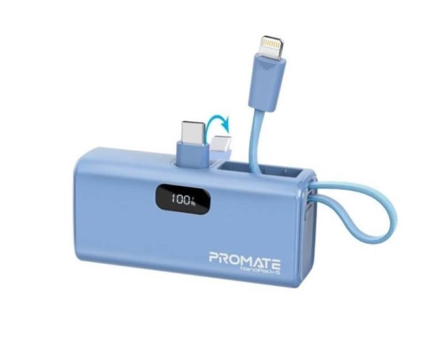 أحدث بطارية متنقلة - صغيرة جدا للشحن السريع بقدرة 5000 مللي أمبير مع موصل USB-C قابل للطي وكابل آيفون لايتينيغ، توصيل طاقة بقدرة 20 واط موصل USB-C قابل للطي مع مدخل/مخرج USB-C من Promate NanoPack-5