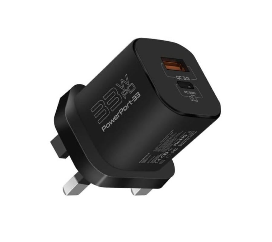 رأس شاحن جداري فائق السرعة صغير الحجم بقدرة 33 واط بتقنية GaNFast، مع منفذ USB-C ومنفذ USB-A. بروميت Promate PowerPort-33
