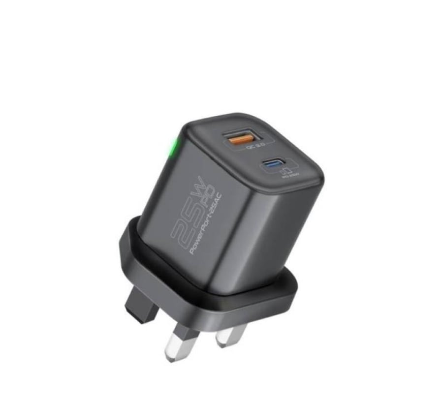 رأس شاحن حائط مزود بمخرج USB-C لتوصيل الطاقة بقوة 25 واط بالإضافة إلى مخرج QC 3.0 بقوة 18 واط للشحن السريع مع الحماية من زيادة التيار وتنظيم الجهد التلقائي -Promate PowerPort-25AC