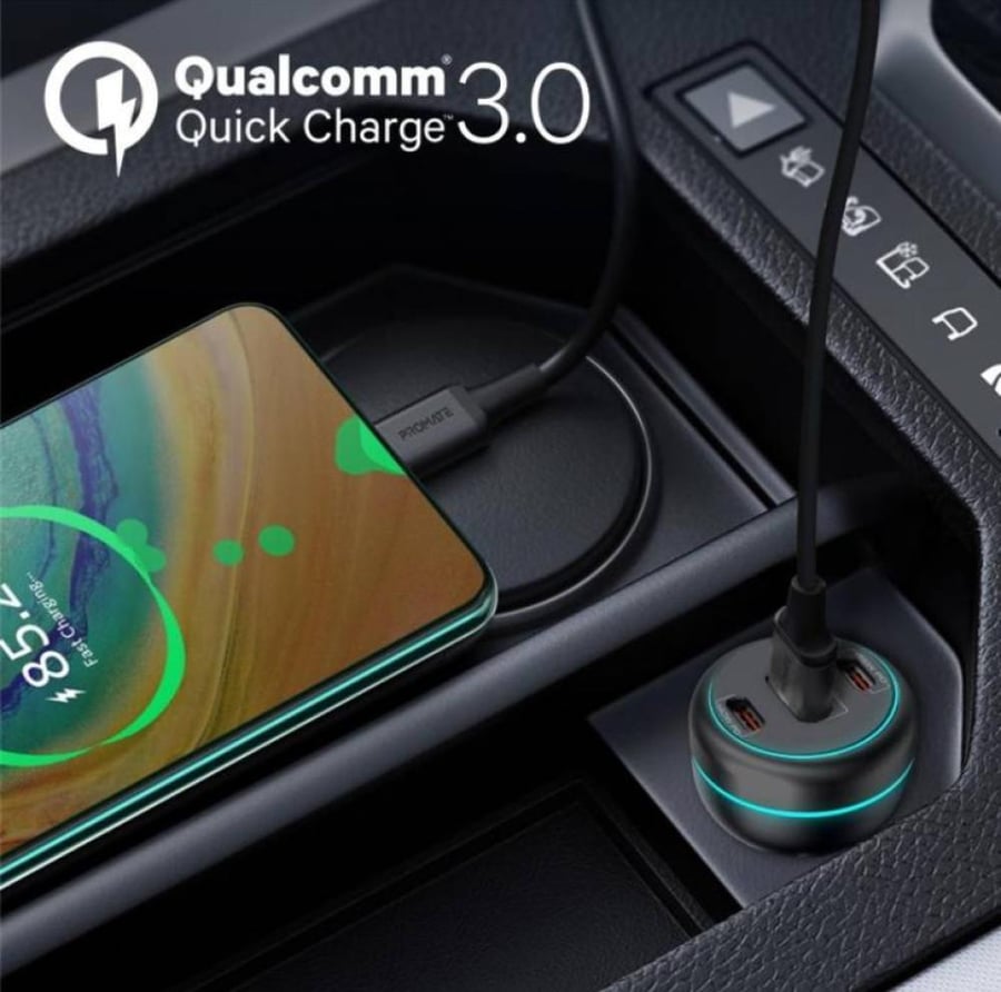 أول محول سيارة فائق السرعة بقدرة 230 واط في العالم مع 140 واط USB-C™ 3.0 ومنافذ توصيل طاقة مزدوجة من النوع C وUSB-A بقدرة 45 واط، والتحكم في درجة الحرارة وحماية الشحن الزائد لأجهزة الكمبيوتر المحمولة والهواتف الذكية. بروميت Promate PowerDrive-230