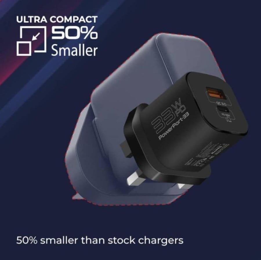 رأس شاحن جداري فائق السرعة صغير الحجم بقدرة 33 واط بتقنية GaNFast، مع منفذ USB-C ومنفذ USB-A. بروميت Promate PowerPort-33
