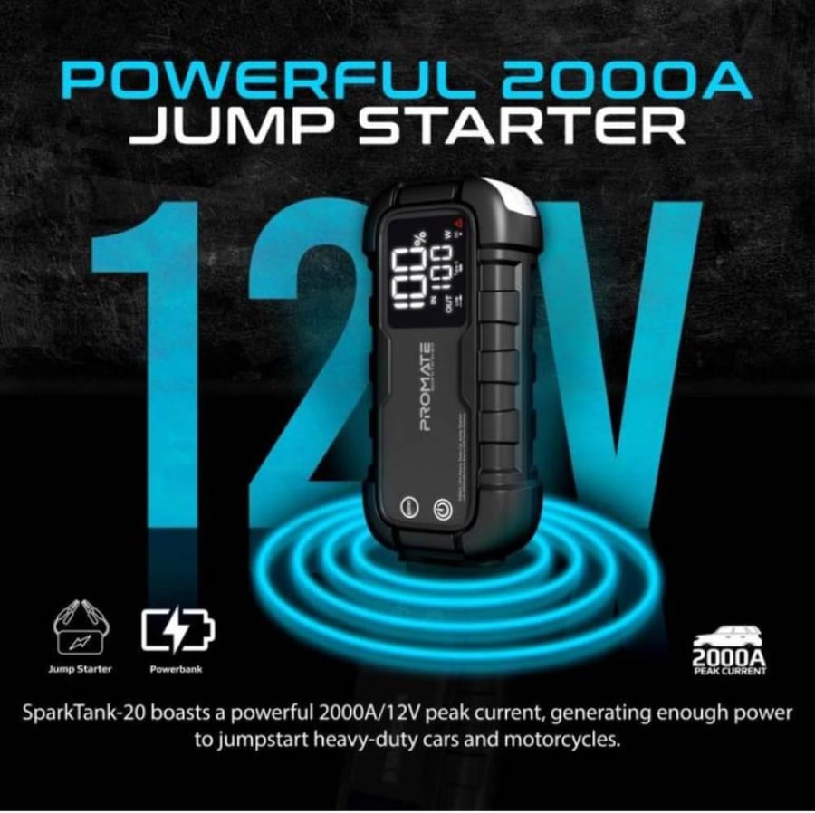 رفيقك المثالي في كل رحلة مُشغل السيارة عالي التحمل بقدرة 2000 أمبير/12 فولت مع منفذ USB-C بقدرة 45 واط ومنافذ QC 3.0 بقدرة 18 واط بالإضافة إلى LED بقوة 280 لومن - Promate SparkTank-20