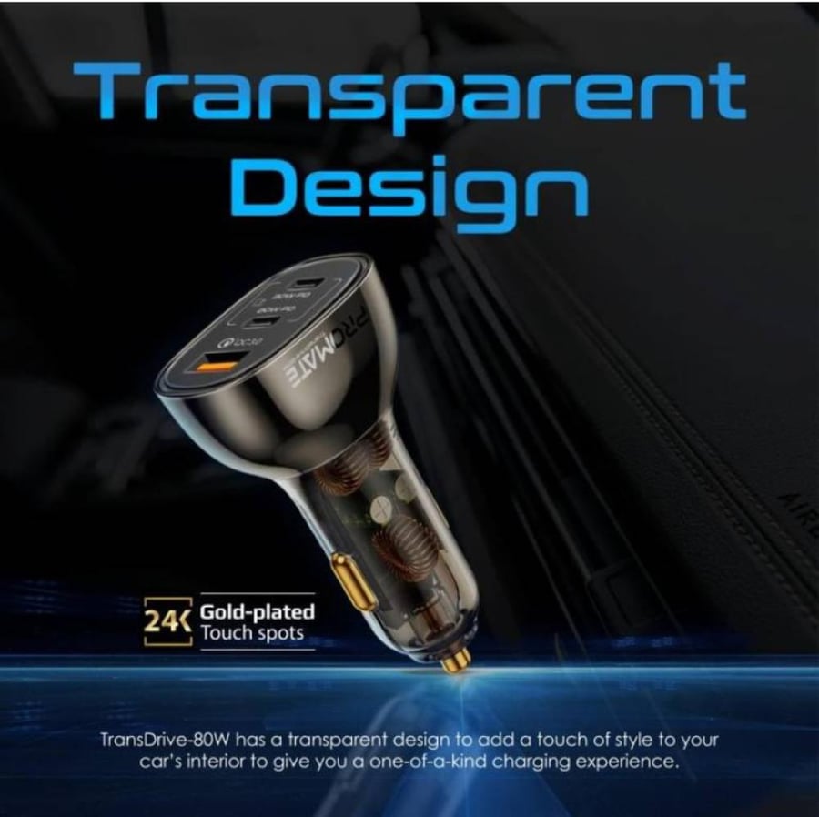 شاحن سيارة فعّال ومدمج بتصميم شفاف يوفر شحن سريع بقوة 80 واط مع منافذ USB-C توفر شحن 30 واط و20 واط للأجهزة اللوحية والهواتف الذكية، بالإضافة إلى منفذ شحن سريع 30 واط - Promate TransDrive-80W 79