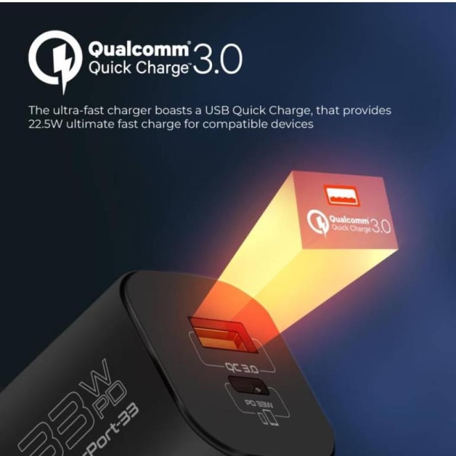رأس شاحن جداري فائق السرعة صغير الحجم بقدرة 33 واط بتقنية GaNFast، مع منفذ USB-C ومنفذ USB-A. بروميت Promate PowerPort-33