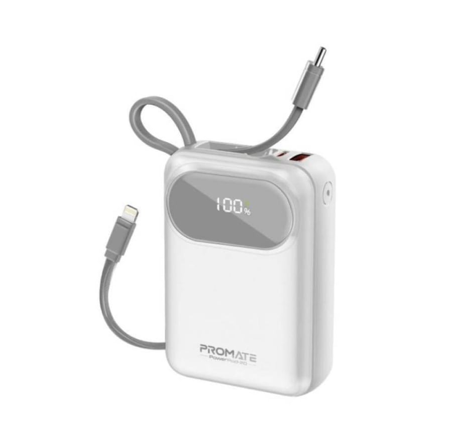 أصغر بطارية 20000 ميلي أمبير في العالم بقدرة 35 واط PD مع كيبل آيفون و كيبل USB-C وشاشة رقمية - بروميت PowerPod-20