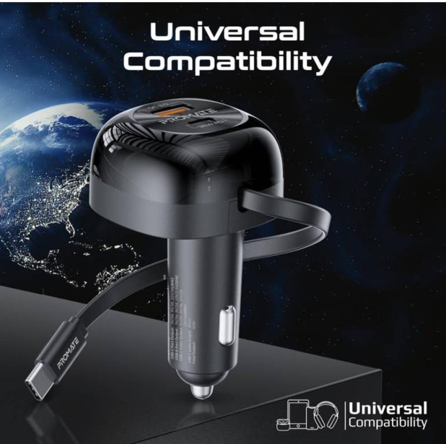 أفضل شاحن سيارة متعدد المنافذ بقوة 62 واط بقدرة توصيل طاقة مع كابل USB-C قابل للسحب بقوة 45 واط، يصل طوله إلى 80 سم بتصميم مدمج وصغير الحجم