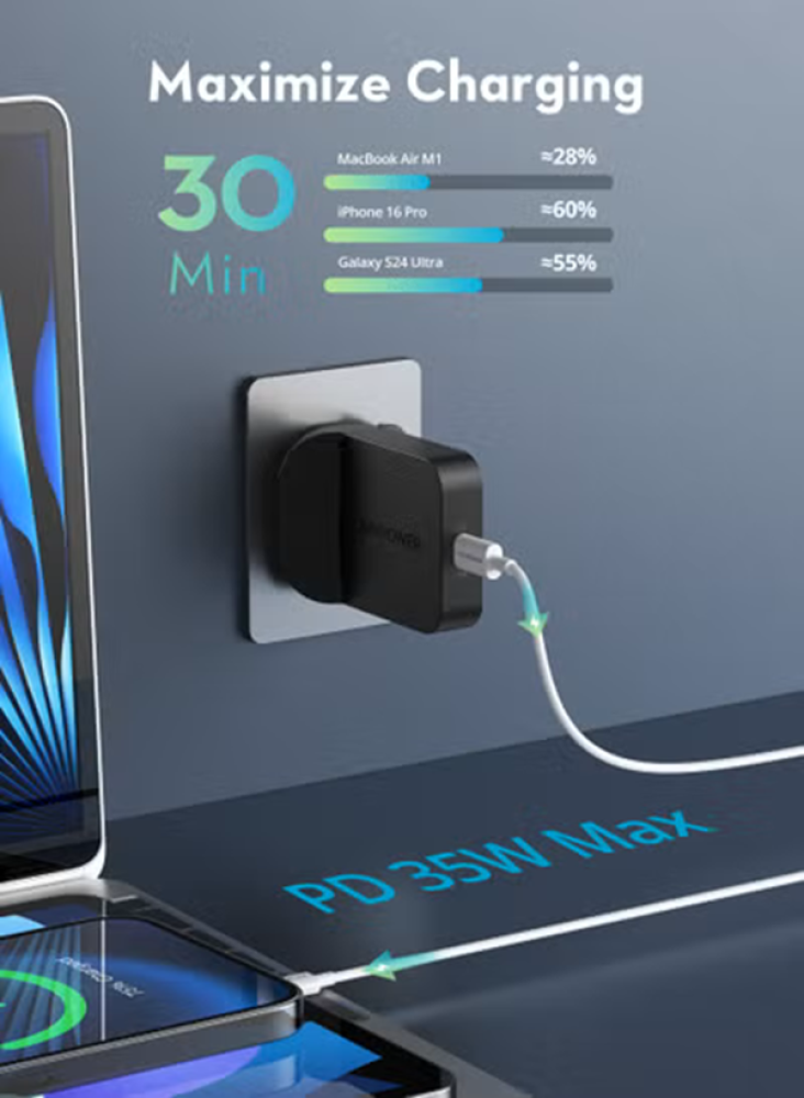 شاحن RAVPower GaN نحيف 35W – شحن فائق السرعة بمنفذ Type-C ⚡