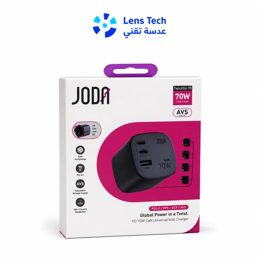 شاحن جداري تويست جو من جودا  بقوة 70 واط بمنفذين تايب سي ومنفذ  يو اس بي , Joda Twist Go 70W Wall Charger with Two Type-C Ports and One USB Port
