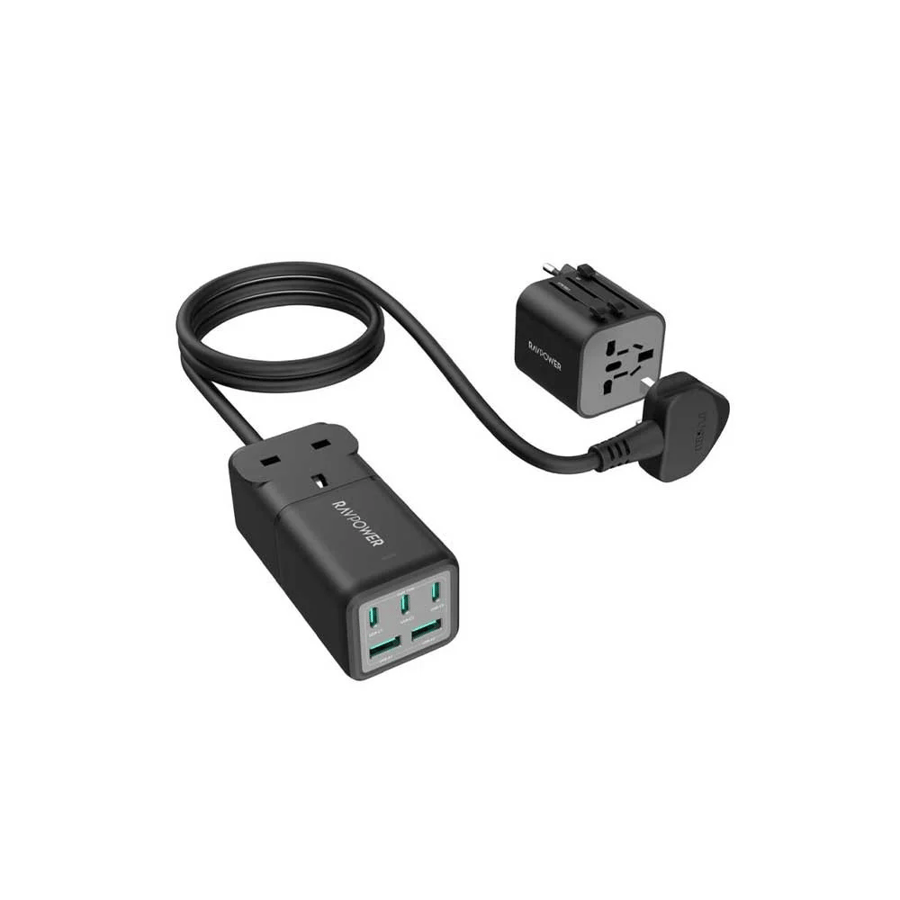 منصة شحن RAVPower بقوة 75W – 3 منافذ USB-C ومنفذان USB مع مقبس طاقة وفيش سفر متعدد ⚡