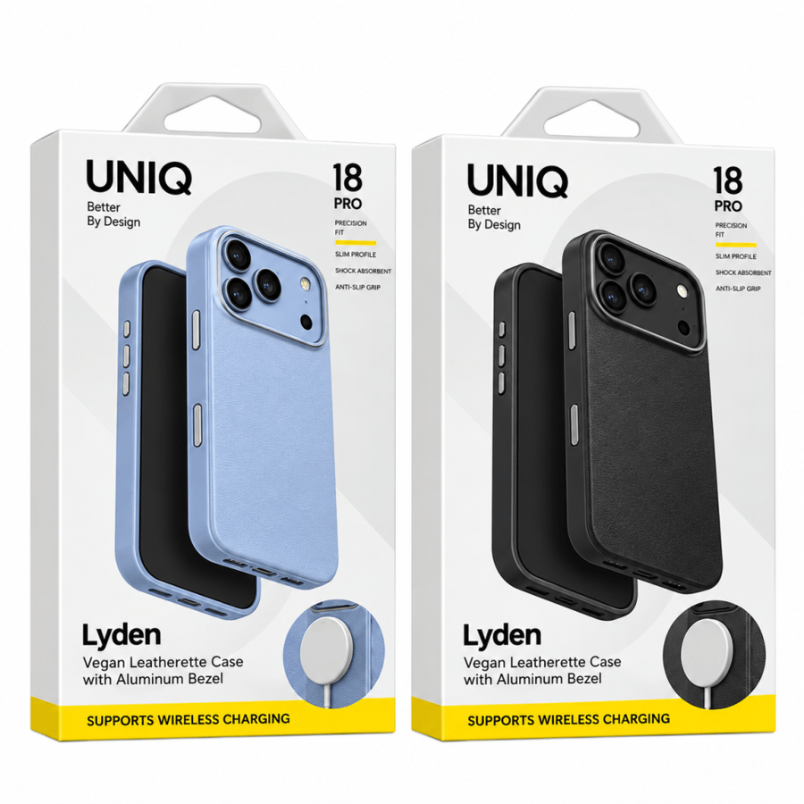 كفر UNIQ Lyden لـ iPhone 18 Pro – جلد نباتي فاخر باللون Frost Blue مع إطار كاميرا ألمنيوم