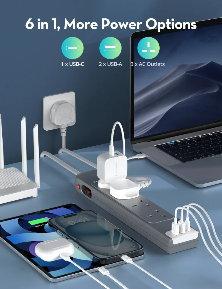 توصيلة كهرباء RAVPower بطول 3 متر – 4 منافذ طاقة + USB-A و USB-C