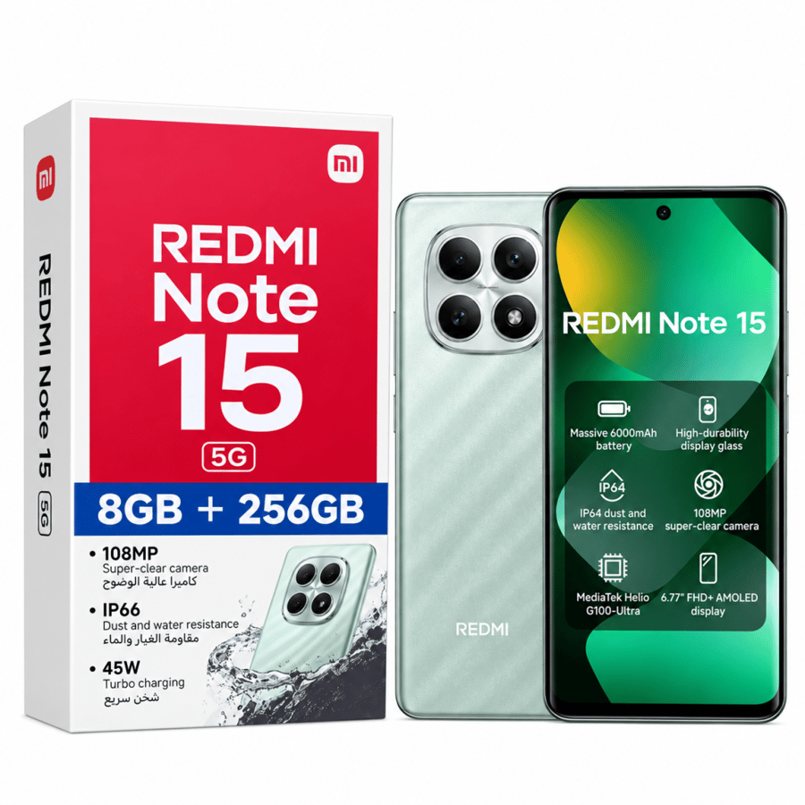 هاتف Xiaomi Redmi Note 15 5G – ذاكرة 256GB ورام 8GB باللون الأسود ⚡