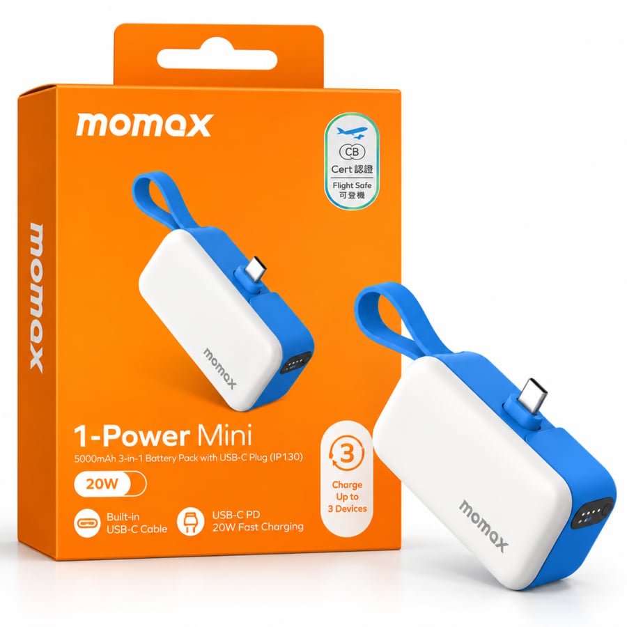 بطارية متنقلة Momax صغيرة 3 في 1 بقوة 20W وسعة 5000mAh –الأزرق