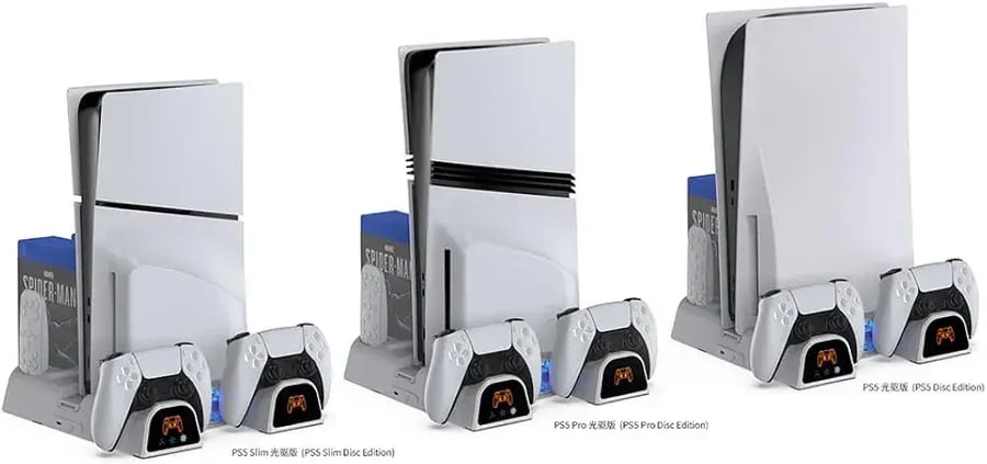 قاعدة تبريد لجهاز PS5 مع شاحن لوحدتي التحكم  مناسب لأجهزة PS5 Disc/Digital/Slim/Pro من شركة Dobe