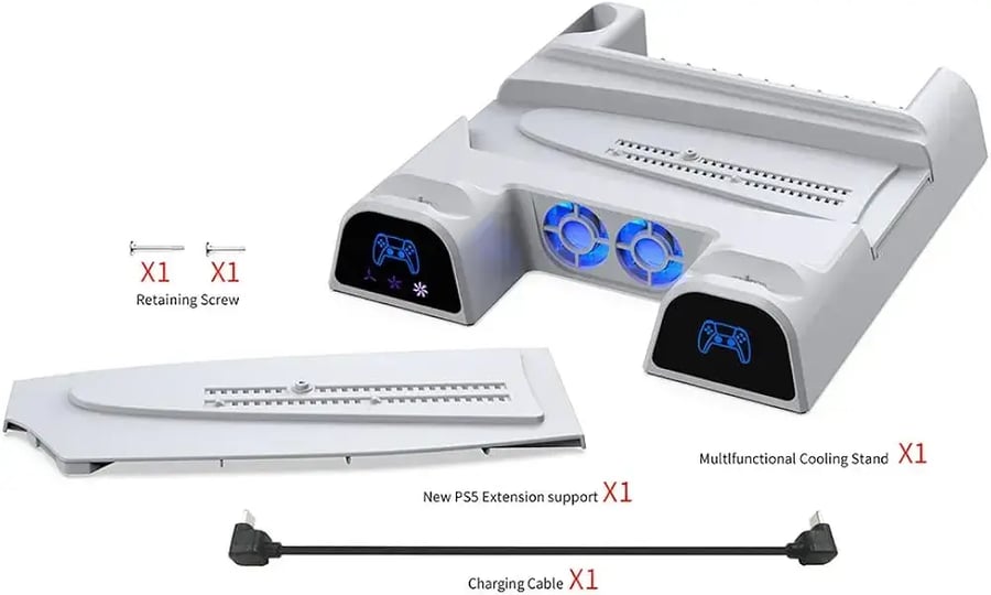 قاعدة تبريد لجهاز PS5 مع شاحن لوحدتي التحكم  مناسب لأجهزة PS5 Disc/Digital/Slim/Pro من شركة Dobe