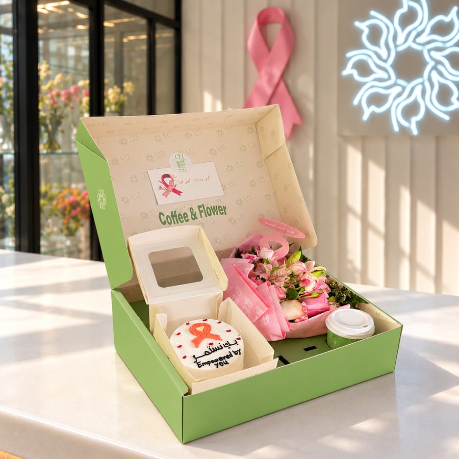 بوكس قهوة، بينتو كيك وورد أكتوبر الوردي - حجم كبير | Pink October Coffee, Bento Cake & Flowers Box - Large Size