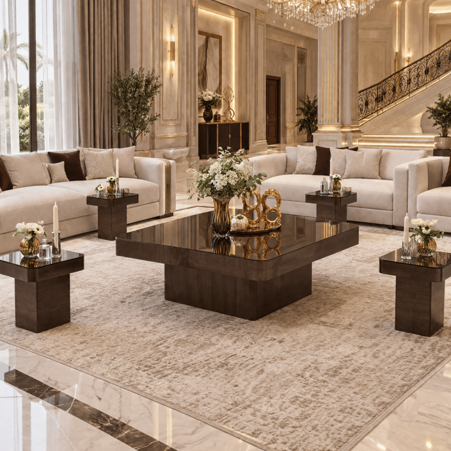 طقم طاولات كنب خمس قطع خشب بني داكن بسطح زجاجي لامع