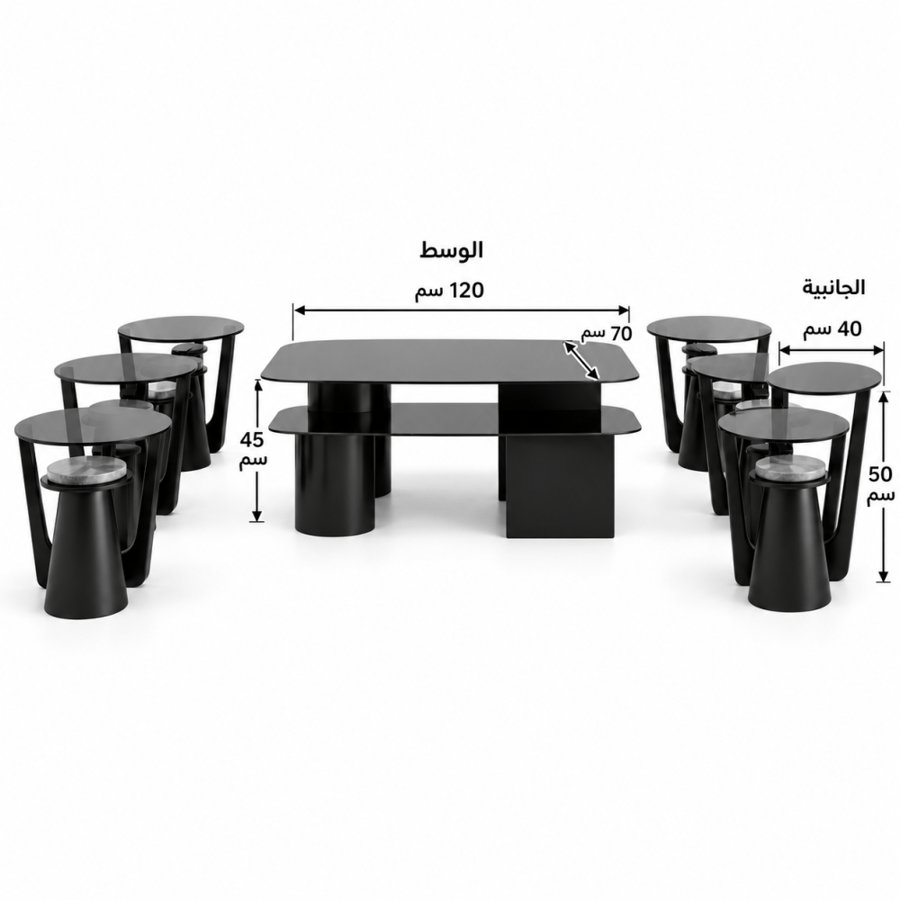 طقم طاولات كنب أسود بسطح زجاج