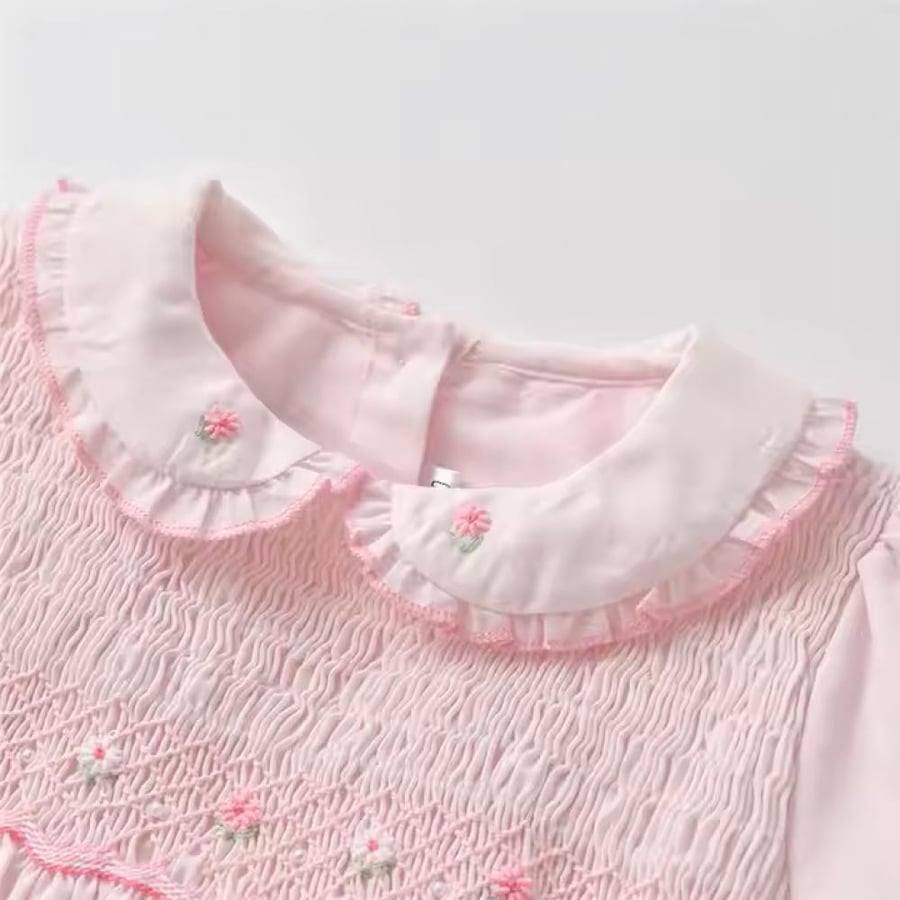 10018- Pink dress long sleeve- Hand embroidery - 100% cotton