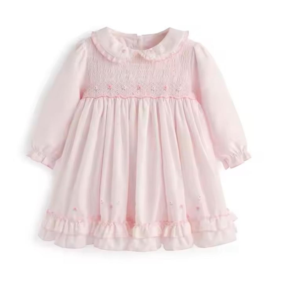 10018- Pink dress long sleeve- Hand embroidery - 100% cotton