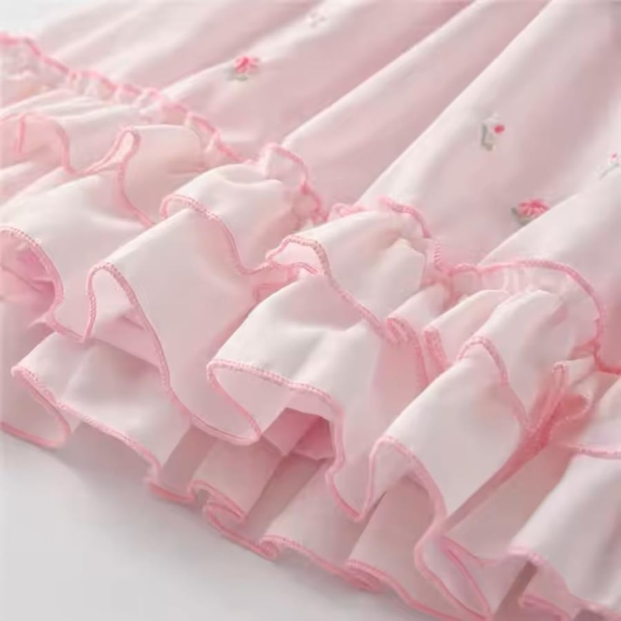 10018- Pink dress long sleeve- Hand embroidery - 100% cotton