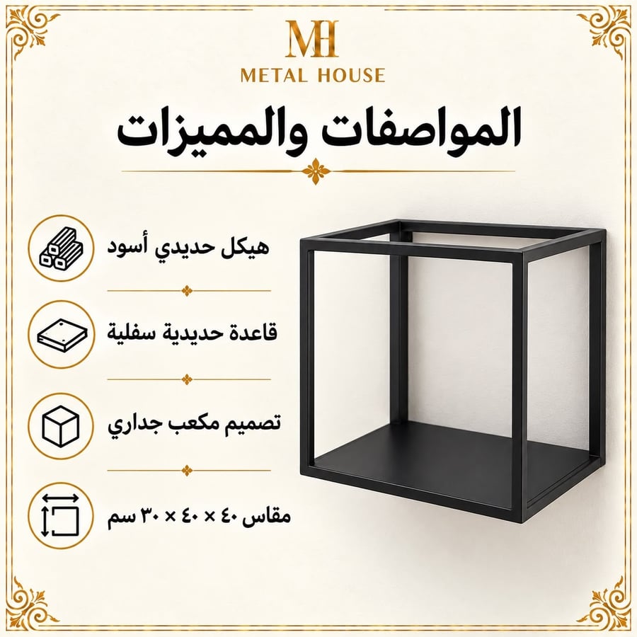مواصفات المكعب الفني الجداري هيكل حديدي أسود وقاعدة حديدية سفلية
