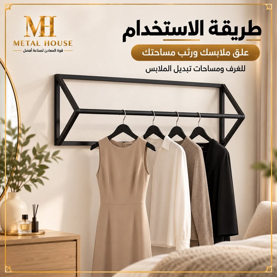 علاقة ملابس جدارية بتصميم هندسي في غرفة نوم معلق عليها ملابس