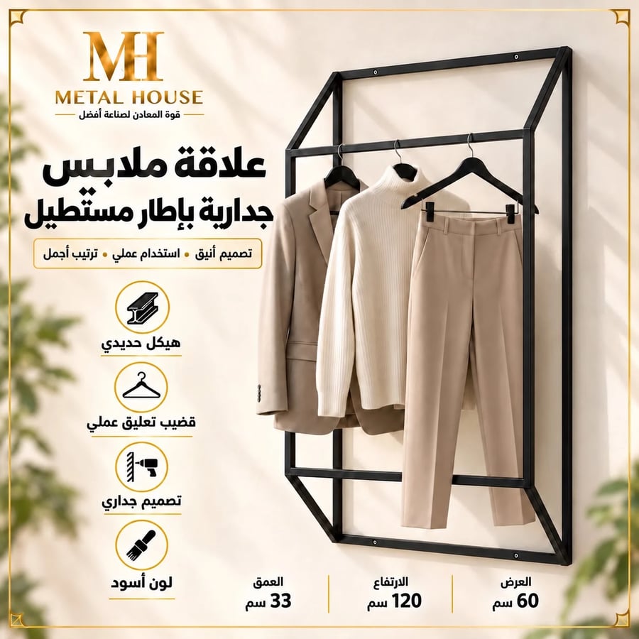 علاقة ملابس جدارية حديد بإطار مستطيل من ميتال هاوس
