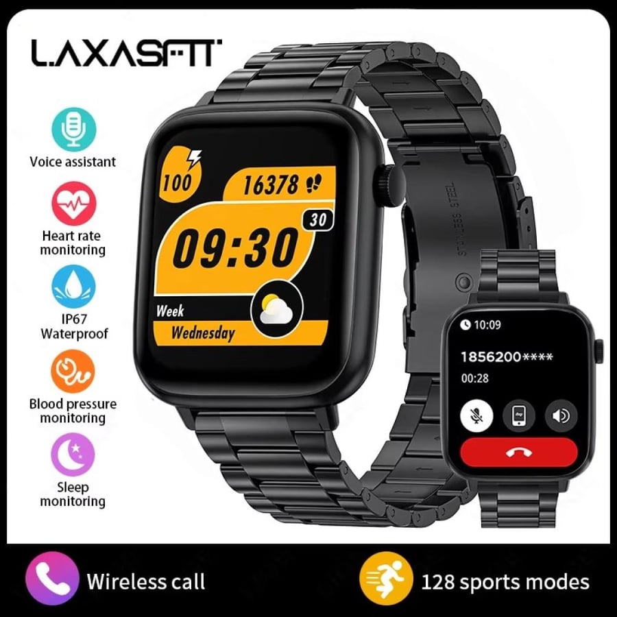 ساعة ذكية LAXASFIT بشاشة 1.83 بوصة ومقاومة للماء IP68 للرجال والنساء
