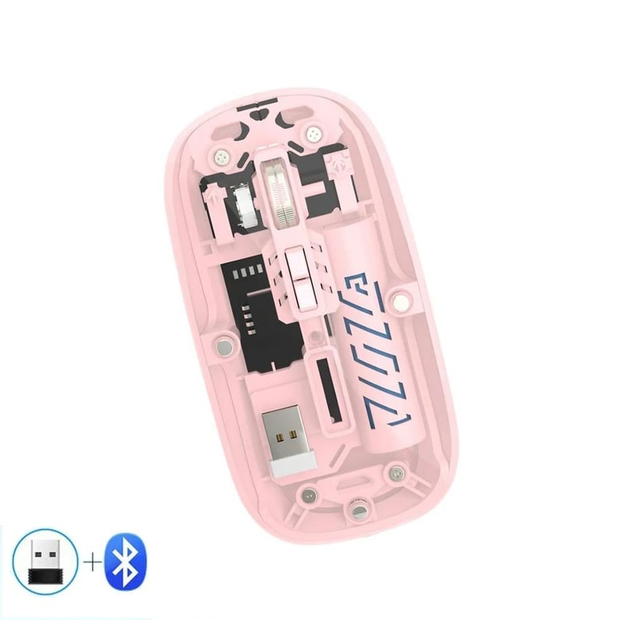 ماوس لاسلكي ميكانيكي شفاف وضع مزدوج 2.4G وبلوتوث قابل للشحن صامت بإضاءة LED