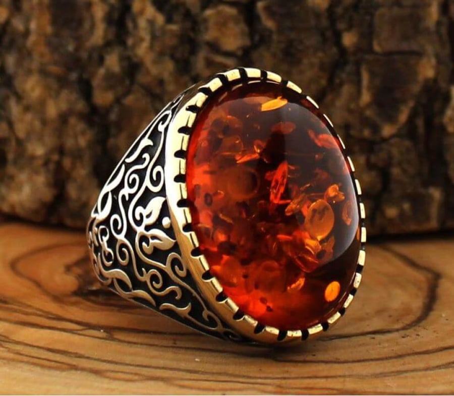 خاتم رجالي فضة سويسري 925 بنقش رائع مرصع بحجر