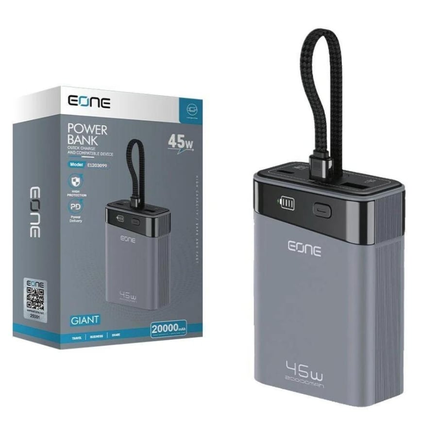 EONE باور بانك 20000 ملي امبير شحن سريع 45 واط مع كيبل مدمج -فضي