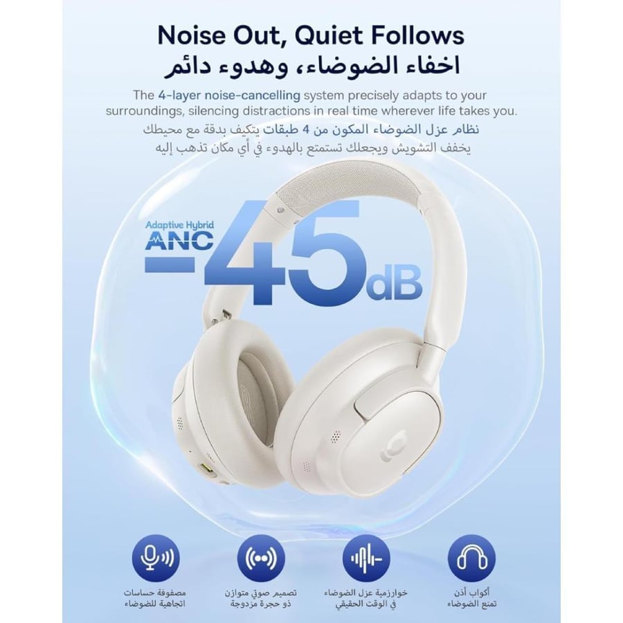 بيسوس - سماعة رأس لاسلكية بعزل ضوضاء -45 dB وبطارية 80 ساعة - ابيض