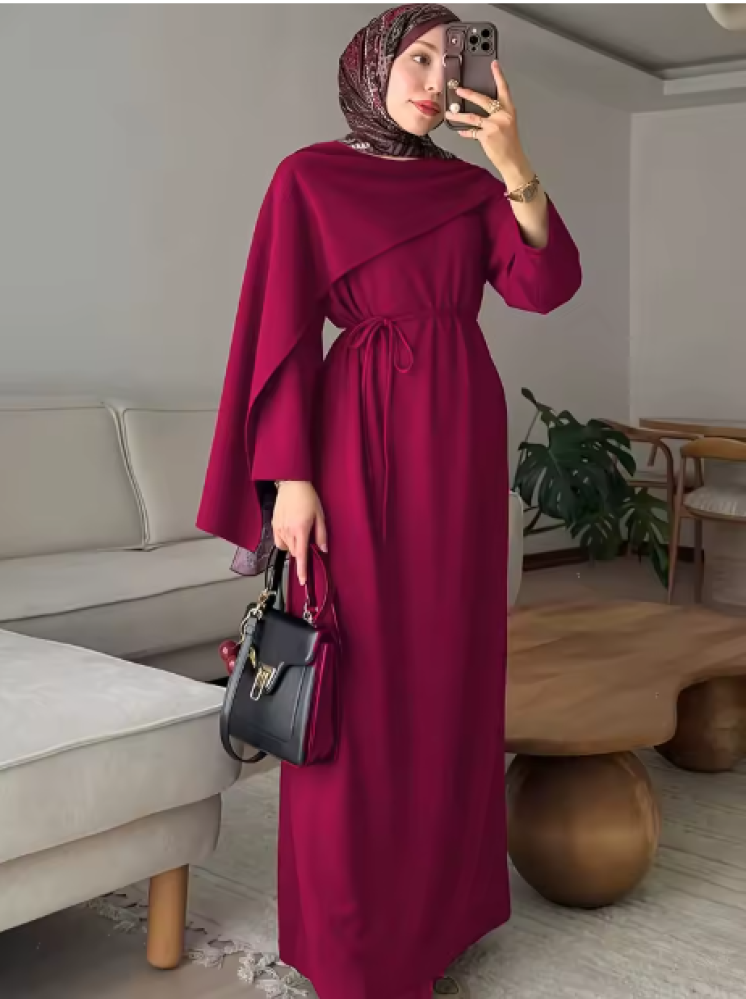 الشرق الأوسط الربيع والخريف الملابس النسائية الجديدة مهرجان حفلة عنابي رداء فضفاض ومريح التنقل مسلم تنفس الملابس التقليدية السعودية طويلة الأكمام أنيقة العرقية نمط بلون فستان دون الحجاب