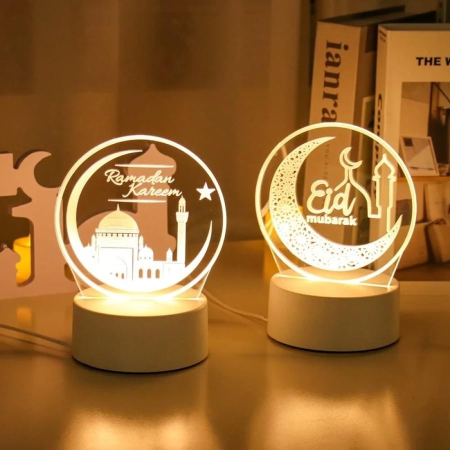 مصباح عيد مبارك ثلاثي الأبعاد LED - ديكور رمضان والقمر